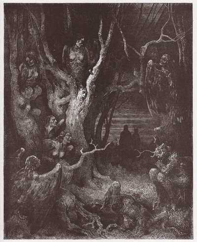 Az isteni színjáték (La Divina Commedia, La Divine Comedie), Inferno, 13. ének: A hárpiák az öngyilkosok erdejében - Dante Alighieri (1265-1321) - Illusztráció: Gustave Dore (1832-1883) alkotó: Gustave Dore