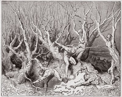 Az isteni színjáték (La Divina Commedia, La Divine Comedie), Inferno, 13. ének: Az öngyilkosok az erdőből menekülnek - Dante Alighieri (1265-1321) - Illusztráció: Gustave Dore (1832-1883) alkotó: Gustave Dore