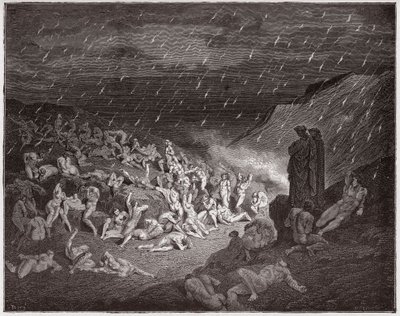 Az isteni színjáték (La Divina Commedia, La Divine Comedie), Inferno, 14. ének: Az erőszakos, tűzesőben gyötört - Dante Alighieri (1265-1321) - Illusztráció: Gustave Dore (1832-1883) alkotó: Gustave Dore