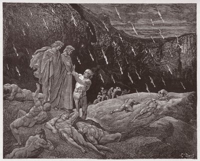 Az isteni színjáték (La Divina Commedia, La Divine Comedie), Inferno, 15. ének: Brunetto Latini Dante közreműködésével - Dante Alighieri (1265-1321) - Illusztráció: Gustave Dore (1832-1883) alkotó: Gustave Dore