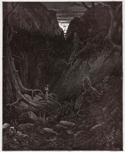 Az isteni színjáték (La Divina Commedia, La Divine Comedie), Inferno, 1. ének: Az oroszlán hirtelen szembeszáll Dantéval – Dante Alighieri (1265-1321) – Illusztráció: Gustave Dore (1832-1883) alkotó: Gustave Dore