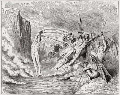 Az isteni színjáték (La Divina Commedia, La Divine Comedie), Inferno, 21. ének: Ördögök kínozzák a barrátorokat - Dante Alighieri (1265-1321) - Illusztráció: Gustave Dore (1832-1883) alkotó: Gustave Dore