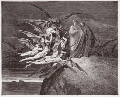 Az isteni színjáték (La Divina Commedia, La Divine Comedie), Pokol, 21. ének: A démonok Vergiliust fenyegetik - Dante Alighieri (1265-1321) - Illusztráció: Gustave Dore (1832-1883) alkotó: Gustave Dore