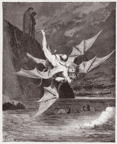 Az isteni színjáték (La Divina Commedia, La Divine Comedie), Inferno, 22. ének: Alichino és Calcabrina birkózik a pálya felett - Dante Alighieri (1265-1321) - Illusztráció: Gustave Dore (1832-1883) alkotó: Gustave Dore