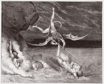 Az isteni színjáték (La Divina Commedia, La Divine Comedie), Pokol, 22. ének: Ciampolo megszökik Alichino démon elől az ötödik bolgiában - Dante Alighieri (1265-1321) - Illusztráció: Gustave Dore (1832-1883) alkotó: Gustave Dore