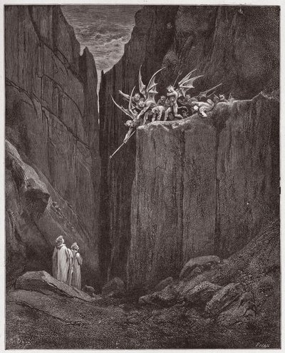 Az isteni színjáték (La Divina Commedia, La Divine Comedie), Inferno, 23. ének: A költők megszöknek az ötödik bolgia démonai elől - Dante Alighieri (1265-1321) - Illusztráció: Gustave Dore (1832-1883) alkotó: Gustave Dore