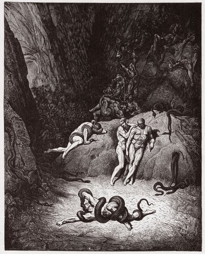 Az isteni színjáték (La Divina Commedia, La Divine Comedie), Inferno, 25. ének: Agnello kígyóvá változik - Dante Alighieri (1265-1321) - Illusztráció: Gustave Dore (1832-1883) alkotó: Gustave Dore