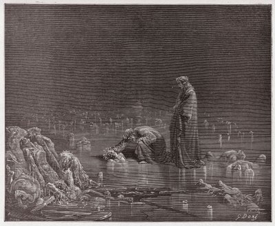 Az Isteni színjáték (La Divina Commedia, La Divine Comedie), Inferno, 32. ének: Dante az áruló Bocca degli Abatihoz szól - Dante Alighieri (1265-1321) - Illusztráció: Gustave Dore (1832-1883) alkotó: Gustave Dore