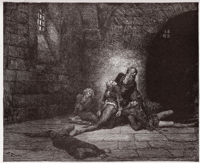 Az isteni színjáték (La Divina Commedia, La Divine Comedie), Pokol, 33. ének: Gaddo apja szeme láttára hal meg - Dante Alighieri (1265-1321) - Illusztráció: Gustave Dore (1832-1883) alkotó: Gustave Dore