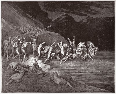 Az isteni színjáték (La Divina Commedia, La Divine Comedie), Pokol, 3. ének: A halálra ítélt lelkek az Acheron átkelésére - Dante Alighieri (1265-1321) - Illusztráció: Gustave Dore (1832-1883) alkotó: Gustave Dore