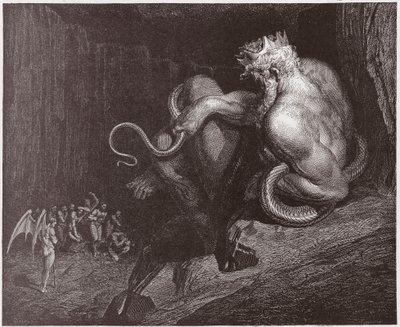 Az Isteni színjáték (La Divina Commedia, La Divine Comedie), Inferno, 5. ének: Minos megítéli a vétket és kiküldi a lelkeket - Dante Alighieri (1265-1321) - Illusztráció: Gustave Dore (1832-1883) alkotó: Gustave Dore