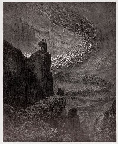 Az Isteni színjáték (La Divina Commedia, La Divine Comedie), Inferno, 5. ének: Minos megítéli a vétket és kiküldi a lelkeket - Dante Alighieri (1265-1321) - Illusztráció: Gustave Dore (1832-1883) alkotó: Gustave Dore