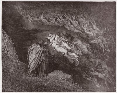 Az isteni színjáték (La Divina Commedia, La Divine Comedie), Pokol, 5. ének: Francesca lelke beszél Dantéval - Dante Alighieri (1265-1321) - Illusztráció: Gustave Dore (1832-1883) alkotó: Gustave Dore