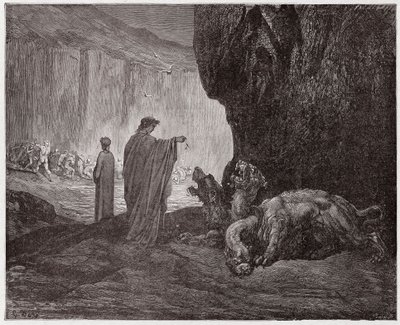 Az isteni színjáték (La Divina Commedia, La Divine Comedie), Pokol, 6. ének: Vergilius táplálja Cerberust a harmadik körben - Dante Alighieri (1265-1321) - Illusztráció: Gustave Dore (1832-1883) alkotó: Gustave Dore