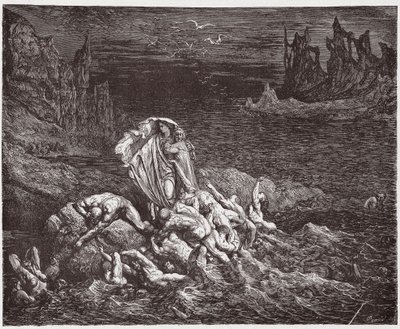 Az Isteni színjáték (La Divina Commedia, La Divine Comedie), Pokol, 7. ének: Vergilius bemutatja Dantének a haragvók lelkét a Styxben - Dante Alighieri (1265-1321) - Illusztráció: Gustave Dore (1832-1883) alkotó: Gustave Dore