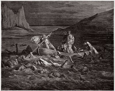 Az isteni színjáték (La Divina Commedia, La Divine Comedie), Inferno, 8. ének: Phlegyas Dantét és Vergiliust áthajózza a Styxen - Dante Alighieri (1265-1321) - Illusztráció: Gustave Dore (1832-1883) alkotó: Gustave Dore