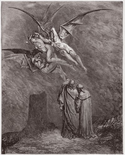 Az isteni színjáték (La Divina Commedia, La Divine Comedie), Inferno, 9. ének: A förtelmes Erinyes: Megaera, Tisphone, Alecto - Dante Alighieri (1265-1321) - Illusztráció: Gustave Dore (1832-1883) alkotó: Gustave Dore