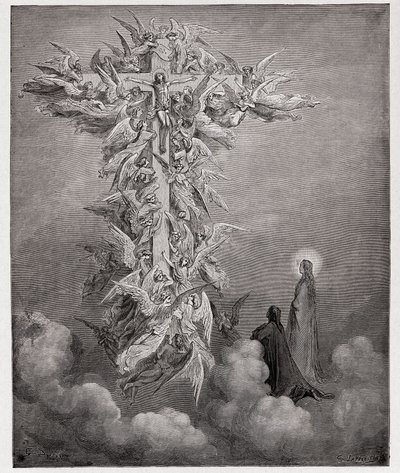 Az isteni színjáték (La Divina Commedia, La Divine Comedie), Paradiso, 14. ének: Dante és Beatrice látja az angyalokat Krisztussal a kereszten - Dante Alighieri (1265-1321) - Illusztráció: Gustave Dore (1832-1883) alkotó: Gustave Dore