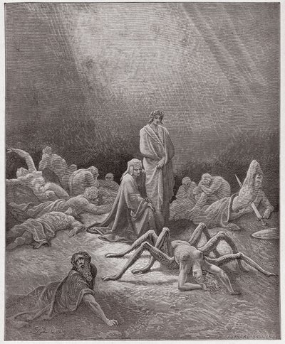 Az isteni színjáték (La Divina Commedia, La Divine Comedie), Purgatorio, 12. ének: Dante Arachne lelkét nézi - Dante Alighieri (1265-1321) - Illusztráció: Gustave Dore (1832-1883) alkotó: Gustave Dore