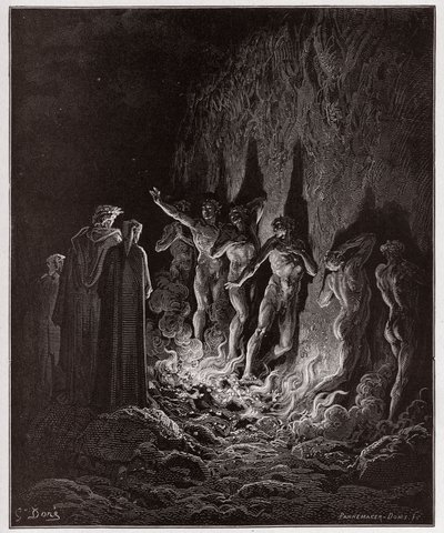 Az isteni színjáték (La Divina Commedia, La Divine Comedie), Purgatorio, 25. ének: A kéjes áthaladás a tűzön a hetedik körben - Dante Alighieri (1265-1321) - Illusztráció: Gustave Dore (1832-1883) alkotó: Gustave Dore