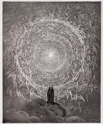 Isteni színjáték, Paradiso, 31. ének: A szentek tömege rózsát formál az empireban (rose celeste) – Dante Alighieri (1265-1321) alkotó: Gustave Dore