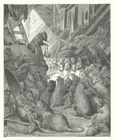 La Fontaine meséi: A patkányok által tartott tanácskozás (metszet) alkotó: Gustave Dore