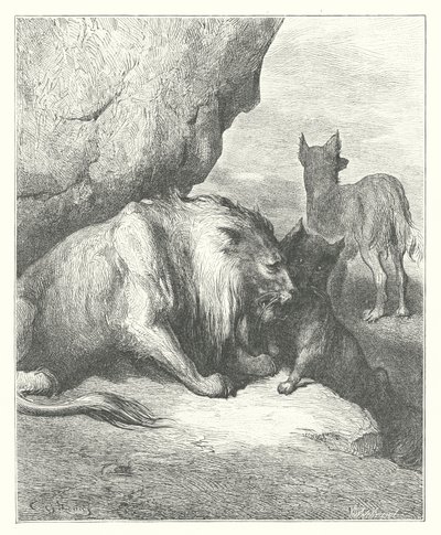 La Fontaine meséi: Fontaine: Az oroszlán, a farkas és a róka (metszet). alkotó: Gustave Dore