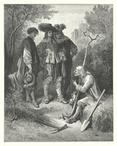 La Fontaine meséi: Fontaine: Az öregember és a három fiatalember (metszet). alkotó: Gustave Dore