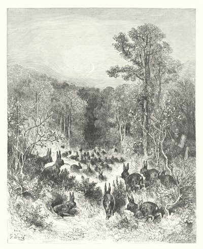 La Fontaine meséi: Fontaine: A nyulak (metszet) alkotó: Gustave Dore