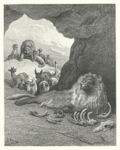 La Fontaine meséi: Fontaine: A beteg oroszlán és a róka (metszet). alkotó: Gustave Dore
