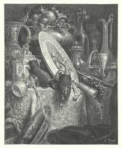 La Fontaine meséi: Fontaine: A városi patkány és a vidéki patkány (metszet) alkotó: Gustave Dore