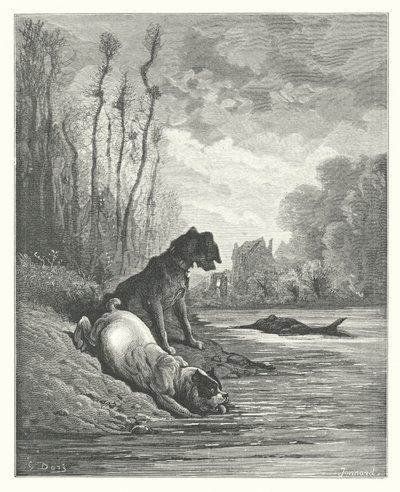 La Fontaine meséi: Fontaine: A két kutya és a halott szamár (metszet). alkotó: Gustave Dore