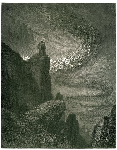 The Hell of Dante Alighieri (the Divine Comedie) illustrated by Gustave Dore. French edition of 1861. “La bufera infernal, che mai non resta/Mena gli spirti con la sua rapina. (The infernal hurricane, which never stops, draws spirits into its whirlwind)”,  alkotó: Gustave Dore