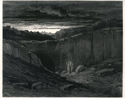 Dante Alighieri Pokla (Isteni komédia), Gustave Dore illusztrációjával. 1861-es francia kiadás. Dante és Vergilius a Pokol bejáratánál:" Lasciate ogni speranza, voi che 