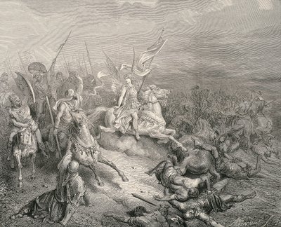 A Szent Biblia. 1866. A Makkabeusok angyala. Metszés alkotó: Gustave Dore