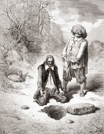 A fösvény, aki elvesztette kincsét, a Fables de La Fontaine 19. század végi kiadásából (fametszet) alkotó: Gustave Dore