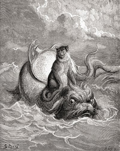 A majom és a delfin Gustave Dore egy La Fontaine-meséhez készült műve után. Gustave Dore életéből és emlékeiből, megjelent 1885-ben. alkotó: Gustave Dore