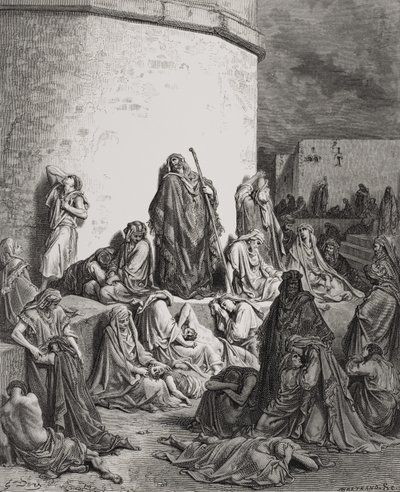A Jeruzsálem romjait gyászoló nép, Siralmak 1:1-2 illusztrációja Dore „The Holy Bible” című könyvéből, A. Bertrand vésette 1866-ban alkotó: Gustave Dore