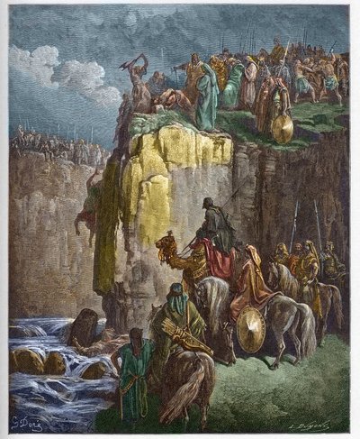A Baal prófétáinak lemészárlása – Illés próféta a Baal papjait készíti – Gustave Dore (1832-1883) „Biblia illustree”-be vésve – Metszet a „Dore Bibliából”” alkotó: Gustave Dore