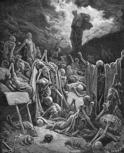 A Száraz Csontok Völgyének látomása, Ezékiel 37:1-2, illusztráció Dore „The Holy Bible” című művéből, metszett C. Laplante (†1903) 1866 alkotó: Gustave Dore