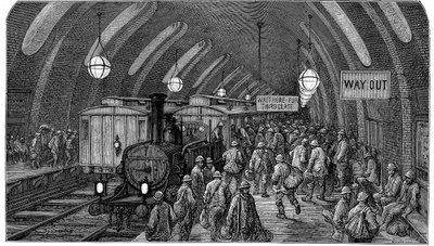 "A munkások vonata". Gustave Dore és Blanchard Jerrold Londonból: A Pilgrimage London 1872. A képen az 1863-ban megnyitott Metropolitan (metró) vasútvonal Gower Street-i állomásán közlekedő gőzmozdonyok láthatók. Munkások sietnek, hogy elérjék a reggeli vi alkotó: Gustave Dore