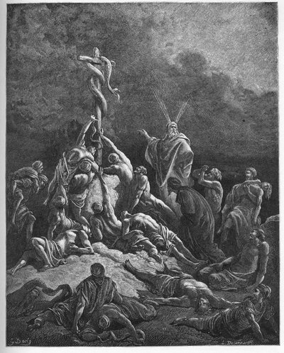 A réz kígyó - „” A réz kígyó”” - Exodus könyve (nahash), Mózes botjának kígyóvá alakítása - Mózes és a réz kígyó - - Gustave Dore „A Biblia illusztrációja” vésése ( 1832-1883) - Metszet a „” The Dore Bi-ből alkotó: Gustave Dore
