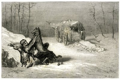 A rabló Ágostint megtámadja egy farkas, a döglött ló közelében még a szekéren elért komédiások elhagyják, vagy elrejti a kis Chiquitát. Gustave Dore metszete Theophile Gautier "Le capitaine Fracasse" című regényének illusztrációjához, Charpentier kiadás 18 alkotó: Gustave Dore