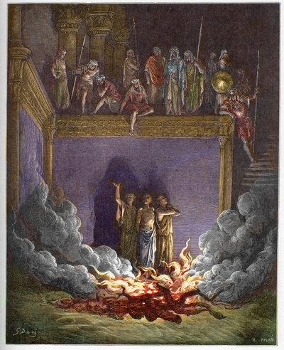 Az égető kemence (Babilon három gyermeke, a három fiatal héber vagy a három fiatalember) Anániás, Azariás és Misael égő kemencébe süllyed, mert nem hajlandók meghajolni Babilon királyának szobra előtt – A három fiatalember alkotó: Gustave Dore