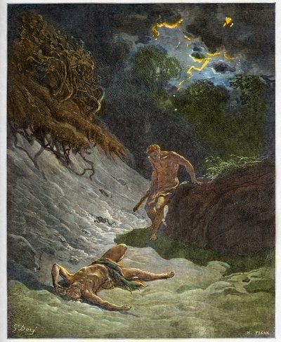 Ábel halála – Káin Ábel meggyilkolása – Gustave Dore (1832-1883) „The Bible illustree” című metszete – Metszet „A Dore Bibliából” alkotó: Gustave Dore