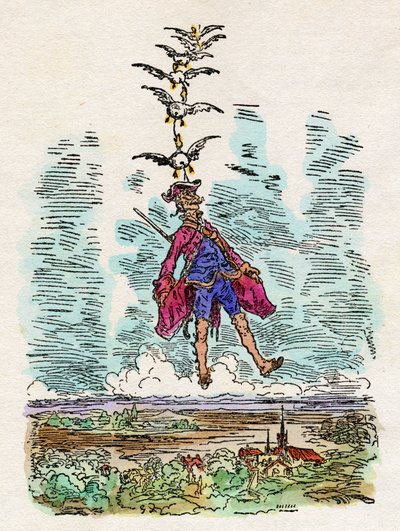 A kacsák a levegőbe emelik Münchhausen (Münchhausen) báróját. Gustave Dore (1832-1883) illusztrációja a "" Rudolf Erich Raspe (1737-1794): Münchhausen báró csodálatos szárazföldi és tengeri kalandjai "" című művéhez. alkotó: Gustave Dore