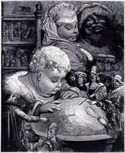 Gargantua oktatása: az óriás, gyermek, a földgömböt tanulmányozza tanáraival, szülei szeme láttára alkotó: Gustave Dore