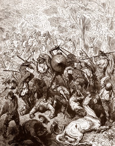Harc a Yanguas öszvérei ellen, Gustave Dore (1832-1883) gravírozása Miguel de Cervantes (1547-1616) „The Ingenieux Hidalgo Don Quijote de la Manche (Quixotte – Quijote)” című művéért, 1863 Magángyűjtemény alkotó: Gustave Dore