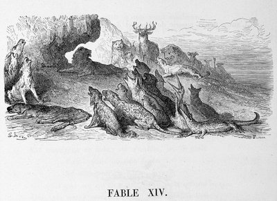 Az oroszlán temetése - de La Fontaine „Fables”-ban, ill. írta Doré alkotó: Gustave Dore