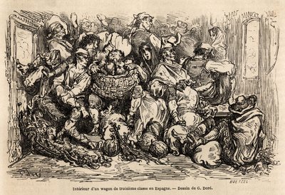 Egy harmadik osztályú spanyolországi vagon belseje, Gustave Dore (1832-1883) rajza, hogy illusztrálja spanyolországi utazását C. Davillier-vel 1862-ben. Metszet a „” Le tour du monde” című könyvben, szerkesztette Edouard Charton alkotó: Gustave Dore